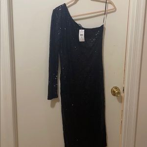 One shoulder black sequin dress